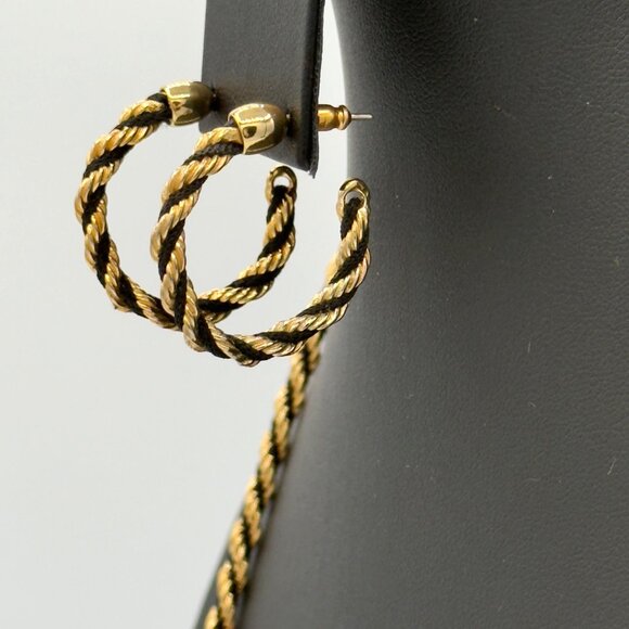 Vtg Avon Gold Toned Rope Chain Black Woven Twisted Necklace Hoop Earrings Set - Picture 4 of 10